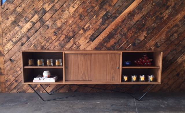 Custom Walnut Iron Base Sculptural Credenza, Mid Century Style