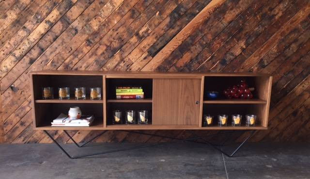 Custom Walnut Iron Base Sculptural Credenza, Mid Century Style