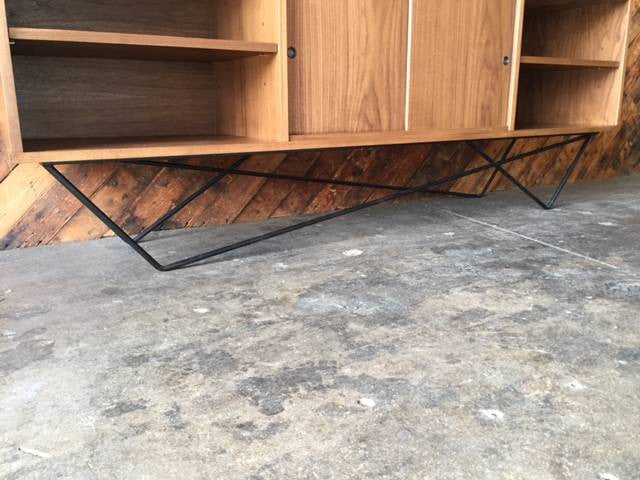 Custom Walnut Iron Base Sculptural Credenza, Mid Century Style