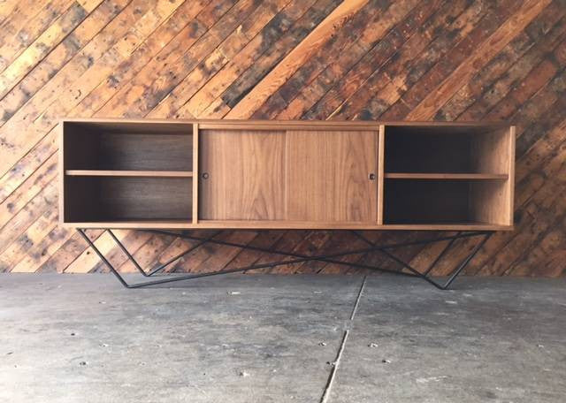 Custom Walnut Iron Base Sculptural Credenza, Mid Century Style