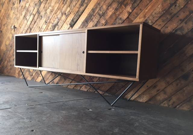 Custom Walnut Iron Base Sculptural Credenza, Mid Century Style