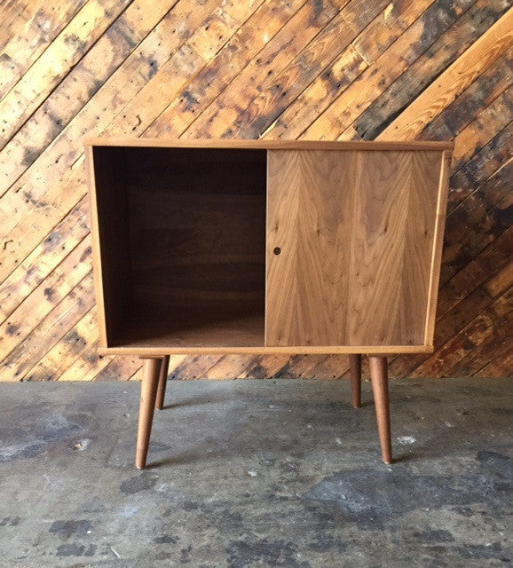 Mid Century Style Custom Walnut Bar Record Cabinet with sliding doors and no shelves