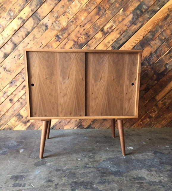 Mid Century Style Custom Walnut Bar Record Cabinet with sliding doors and no shelves