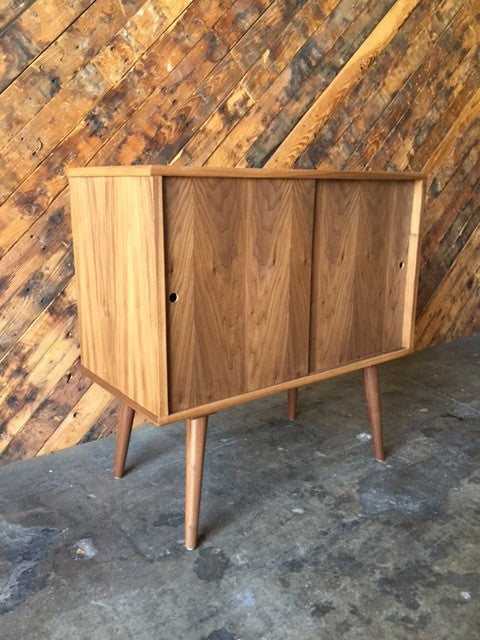 Mid Century Style Custom Walnut Bar Record Cabinet with sliding doors and no shelves