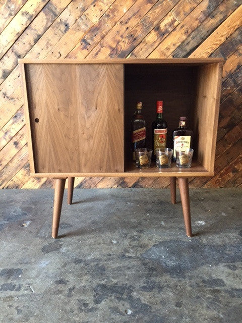 Mid Century Style Custom Walnut Bar Record Cabinet with sliding doors and no shelves