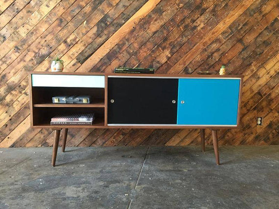 Custom designed credenza / media console, Mid Century Style with 1 drawer and painted doors