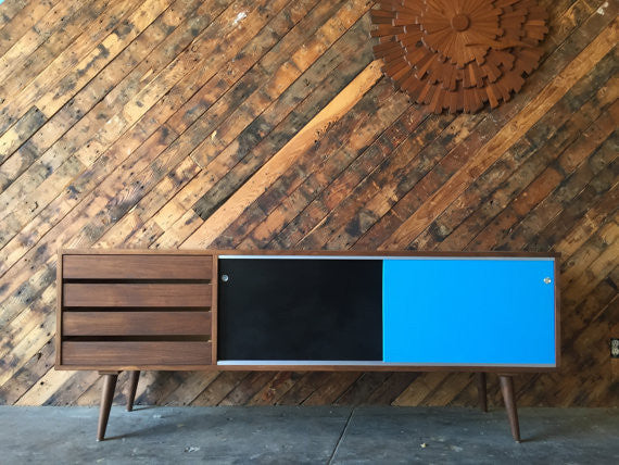 Custom mid century style credenza with 4 drawers and metal track