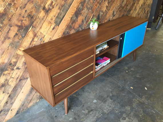 Custom mid century style credenza with 4 drawers and metal track