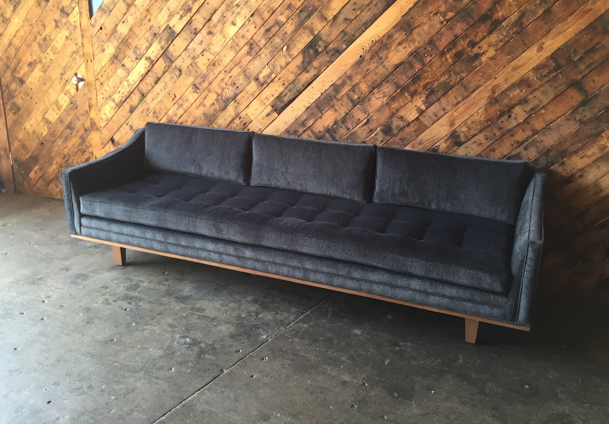 Mid Century Style Custom Walnut Trim Sofa