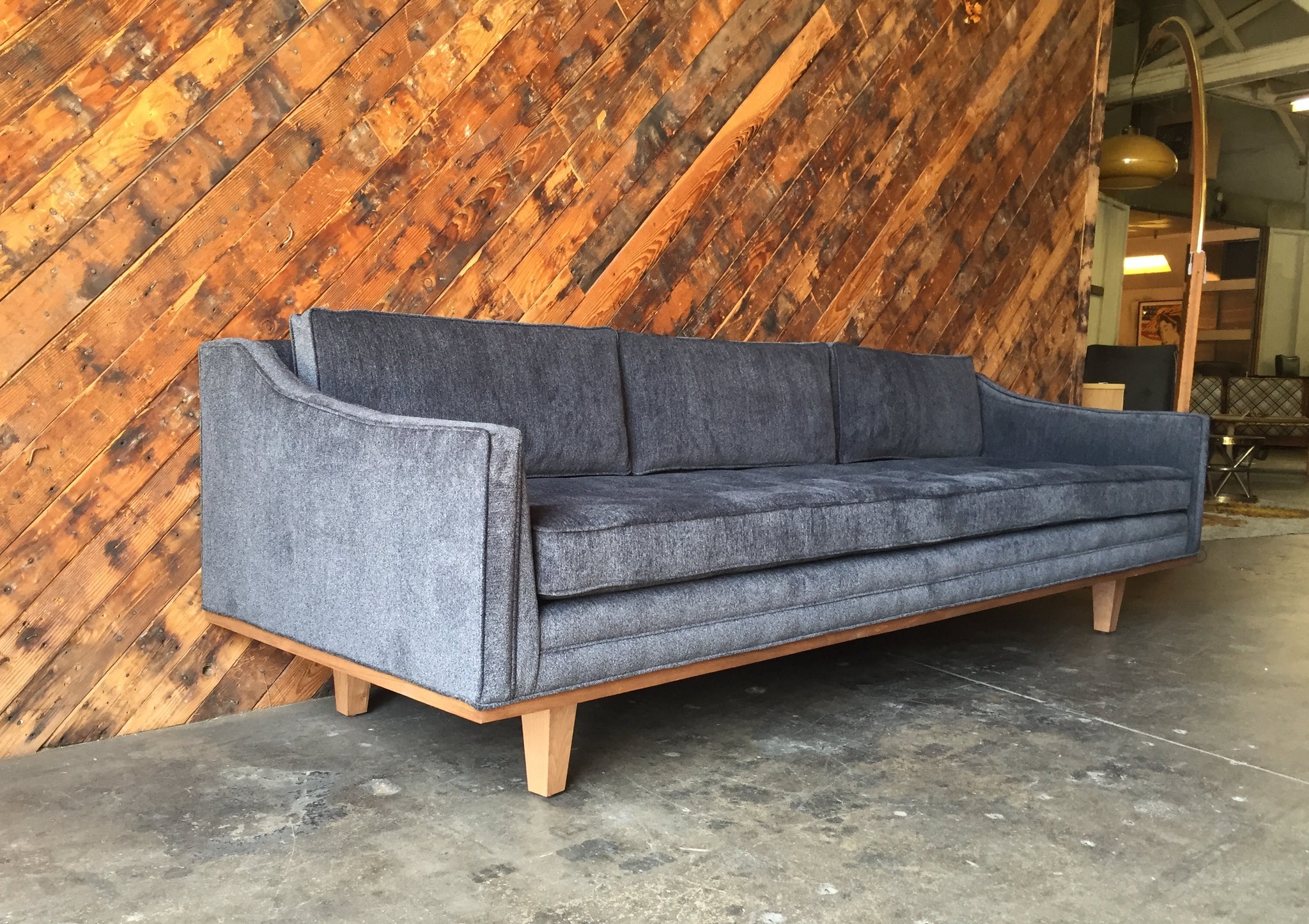 Mid Century Style Custom Walnut Trim Sofa