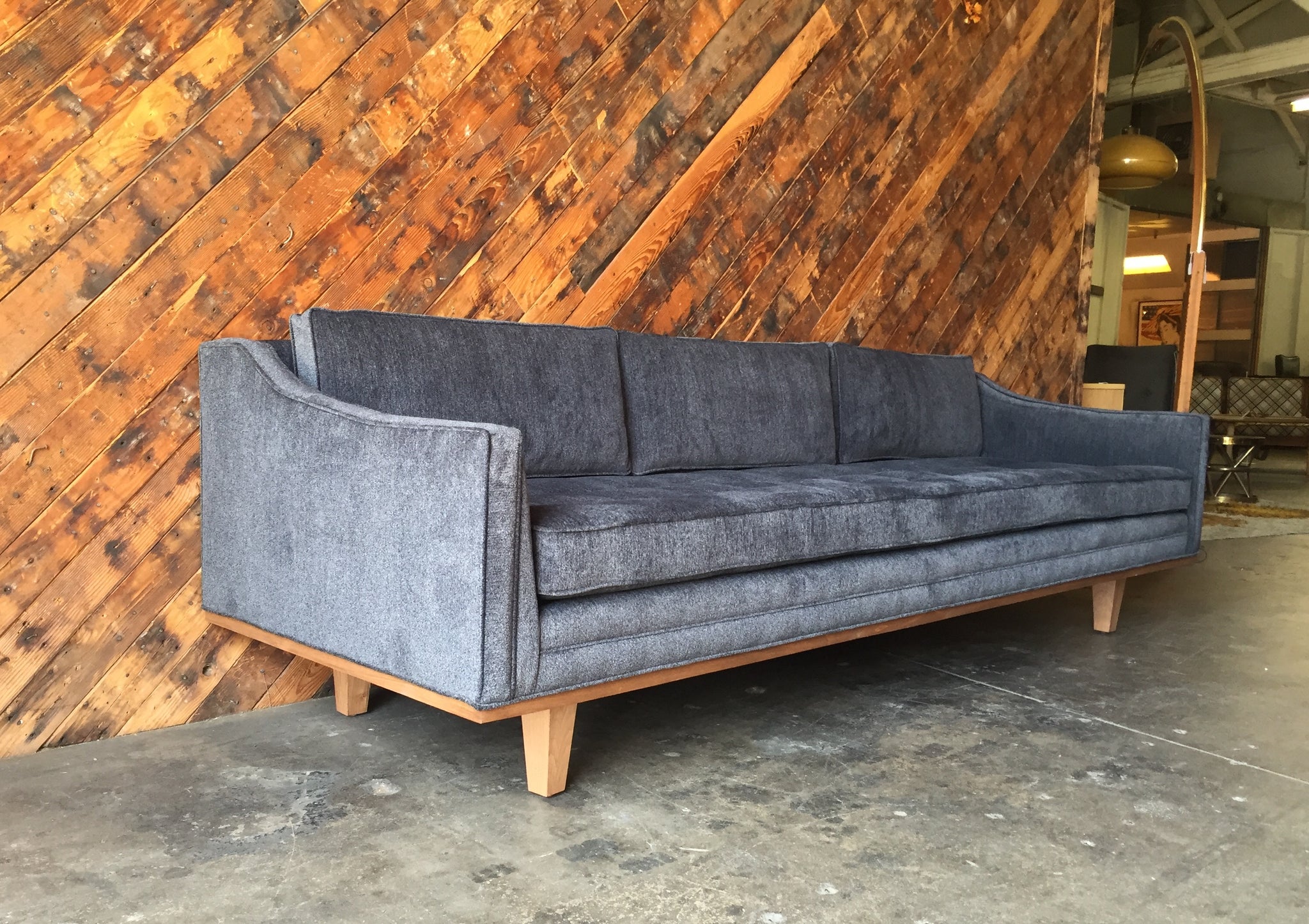 Mid Century Style Custom Walnut Trim Sofa