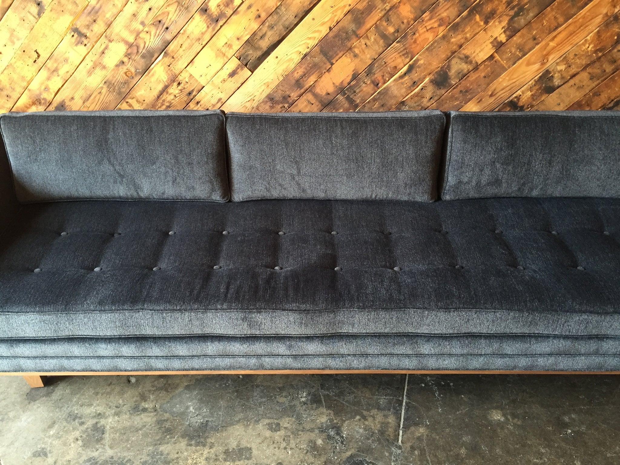 Mid Century Style Custom Walnut Trim Sofa