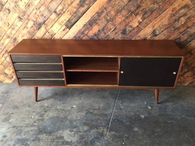 Mid Century Style Custom Walnut Brass Credenza with brass track and 4 black doors