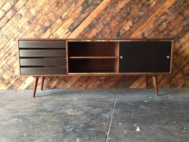 Mid Century Style Custom Walnut Brass Credenza with brass track and 4 black doors