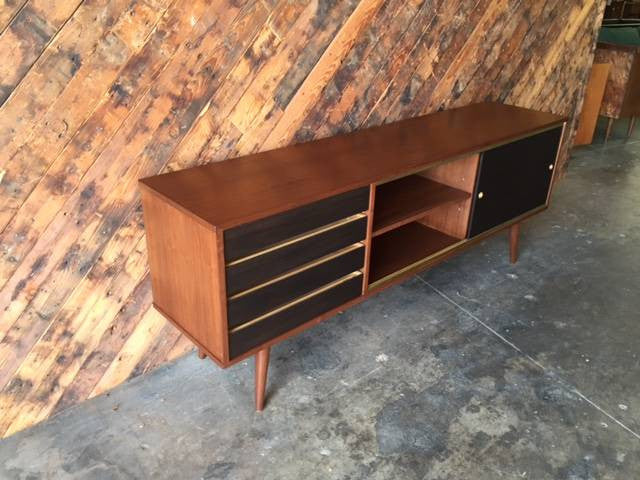 Mid Century Style Custom Walnut Brass Credenza with brass track and 4 black doors