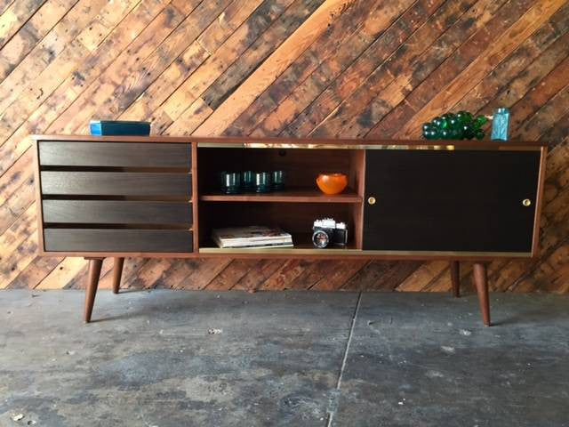 Mid Century Style Custom Walnut Brass Credenza with brass track and 4 black doors