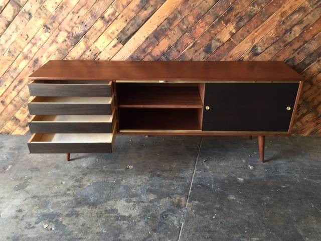 Mid Century Style Custom Walnut Brass Credenza with brass track and 4 black doors