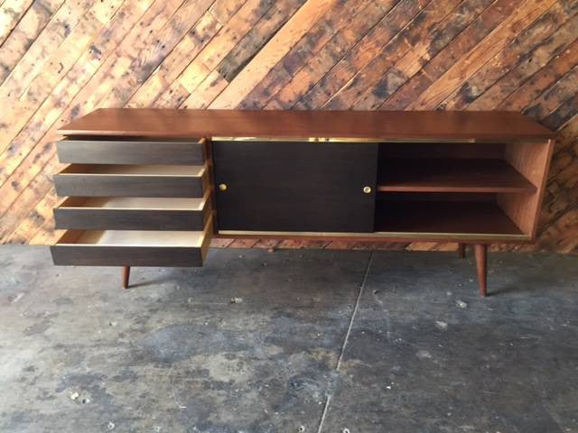 Mid Century Style Custom Walnut Brass Credenza with brass track and 4 black doors