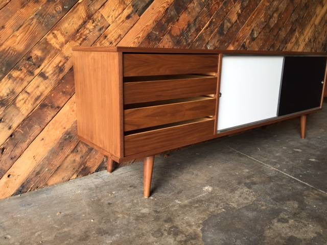 Mid Century Style Custom Walnut Credenza 4 drawers and 2 painted doors