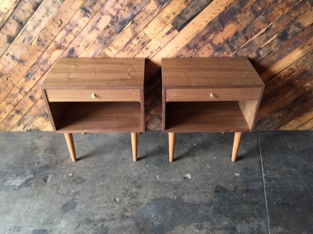 Custom Mid Century Style Walnut Brass Nightstands