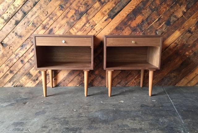 Custom Mid Century Style Walnut Brass Nightstands