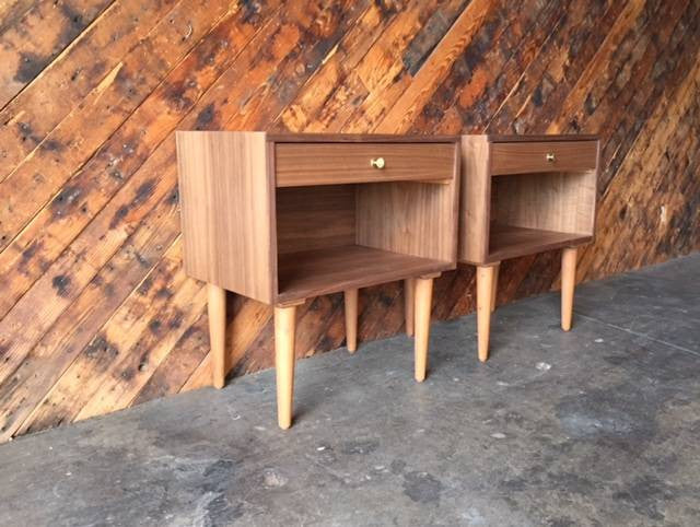 Custom Mid Century Style Walnut Brass Nightstands