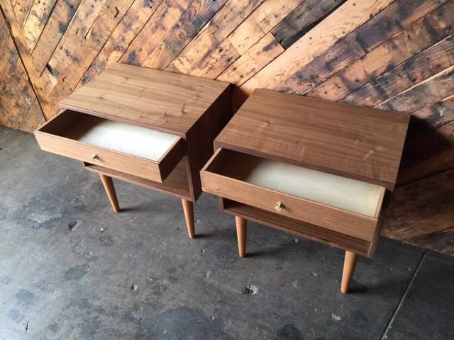 Custom Mid Century Style Walnut Brass Nightstands