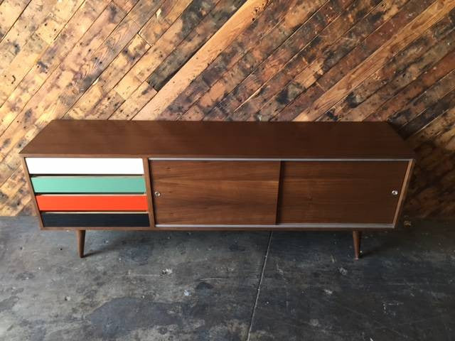 Mid Century Style Custom Walnut Credenza 4 painted drawers and metal track