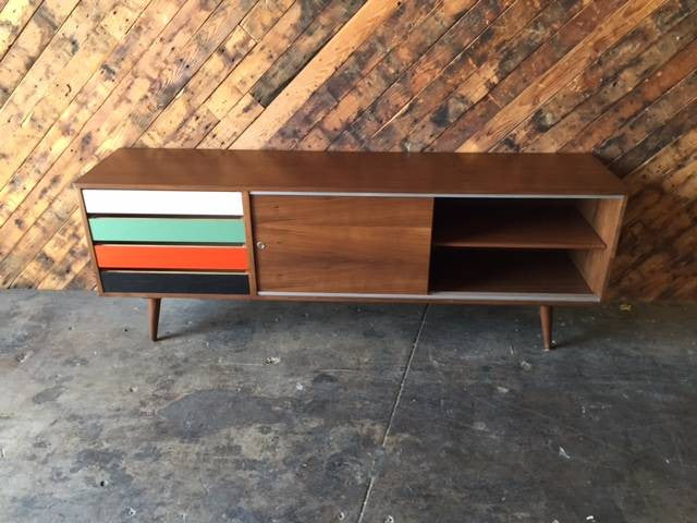 Mid Century Style Custom Walnut Credenza 4 painted drawers and metal track