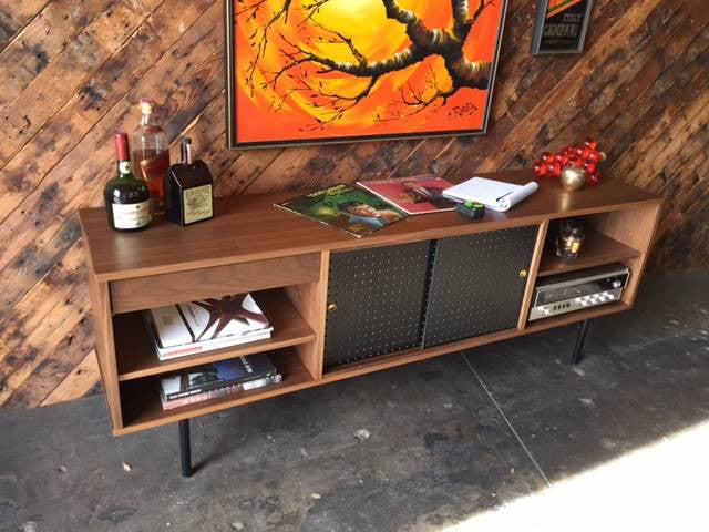 Mid Century Style Custom Walnut Perforated Credenza with 1 drawer and 2 doors