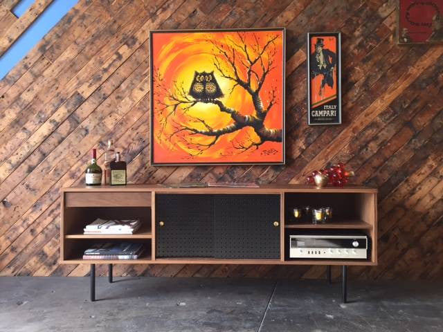 Mid Century Style Custom Walnut Perforated Credenza with 1 drawer and 2 doors