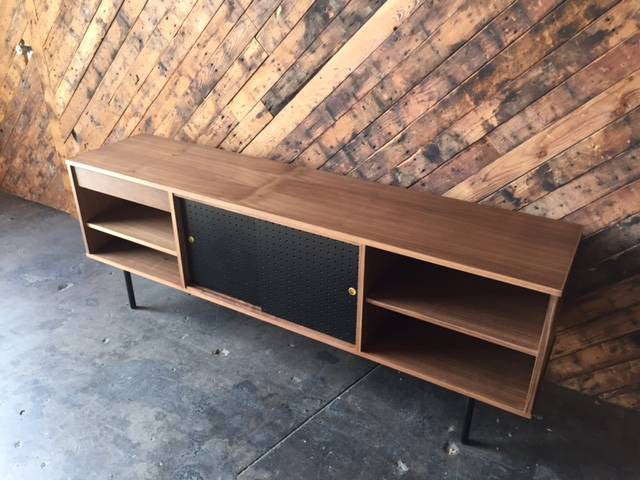 Mid Century Style Custom Walnut Perforated Credenza with 1 drawer and 2 doors