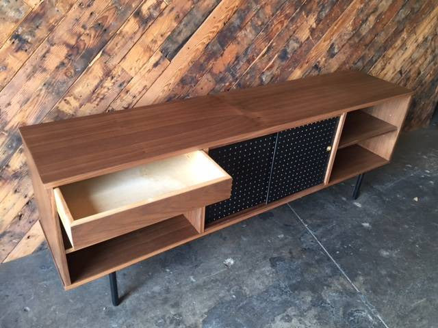 Mid Century Style Custom Walnut Perforated Credenza with 1 drawer and 2 doors