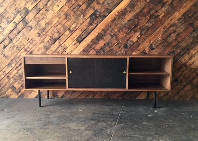 Mid Century Style Custom Walnut Perforated Credenza with 1 drawer and 2 doors