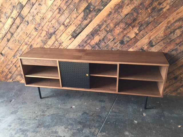 Mid Century Style Custom Walnut Perforated Credenza with 1 drawer and 2 doors