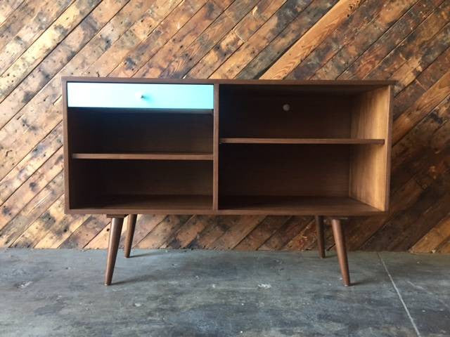 Mid Century Style Custom Blue Drawer Credenza with 1 drawer and open bays