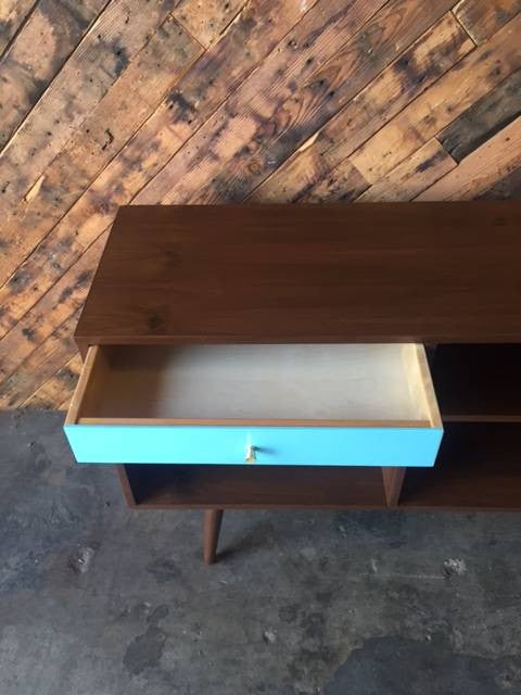 Mid Century Style Custom Blue Drawer Credenza with 1 drawer and open bays
