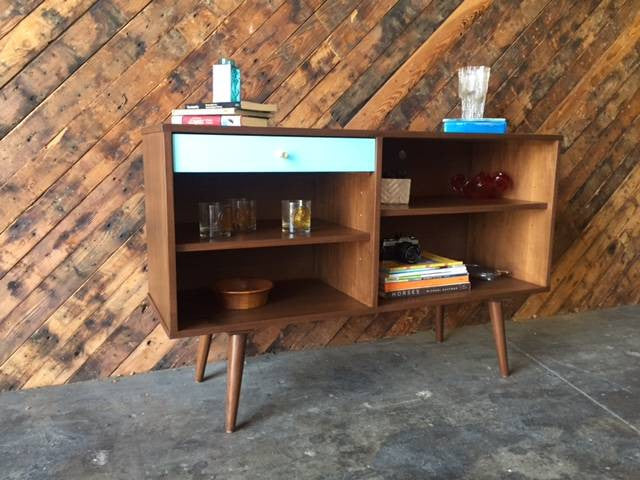 Mid Century Style Custom Blue Drawer Credenza with 1 drawer and open bays