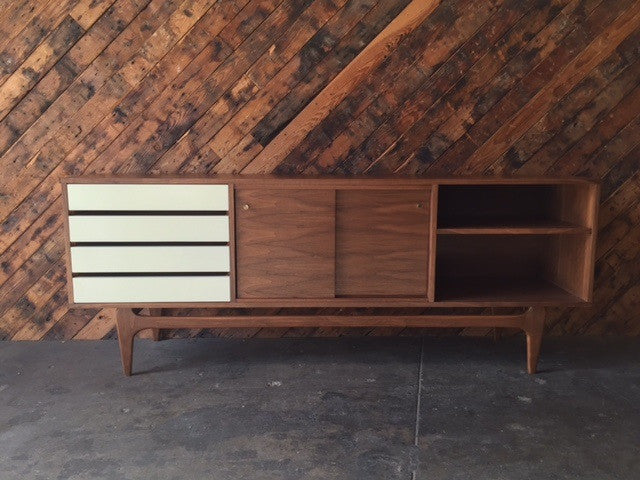 Mid Century Style Custom Walnut Credenza with 4 drawers and 2 doors