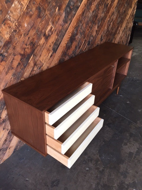 Mid Century Style Custom Walnut Credenza with 4 drawers and 2 doors