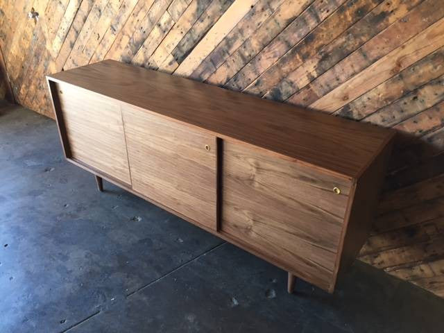 Mid Century Style Custom Walnut Credenza with 3 sliding doors