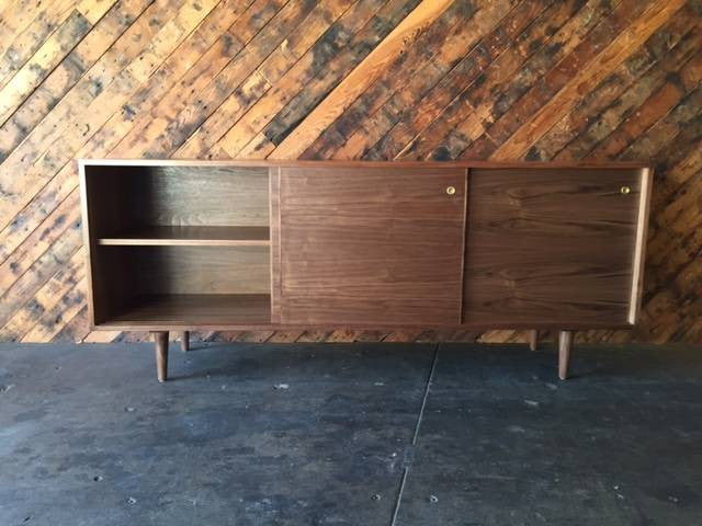 Mid Century Style Custom Walnut Credenza with 3 sliding doors