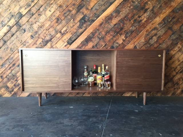 Mid Century Style Custom Walnut Credenza with 3 sliding doors