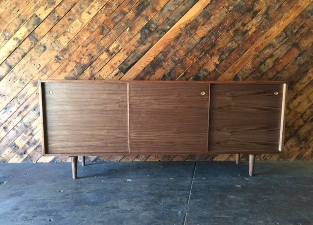 Mid Century Style Custom Walnut Credenza with 3 sliding doors