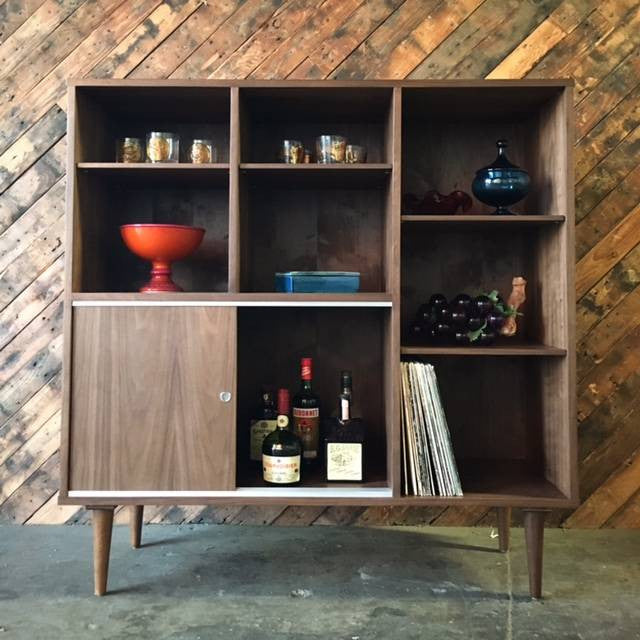 Mid Century Style Custom Walnut Bookcase Shelf Bar/ Dining Hutch