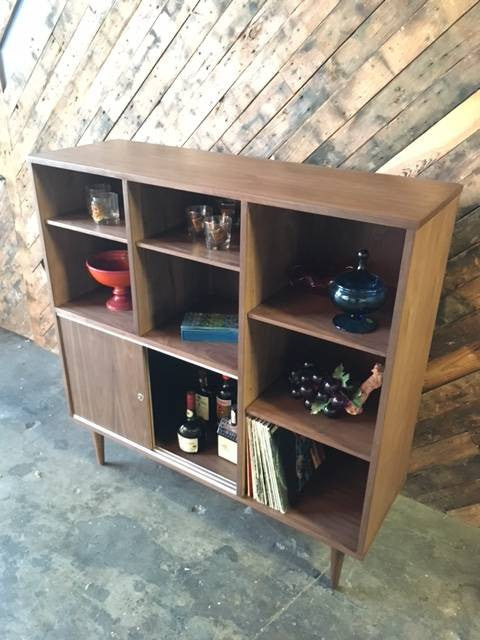 Mid Century Style Custom Walnut Bookcase Shelf Bar/ Dining Hutch