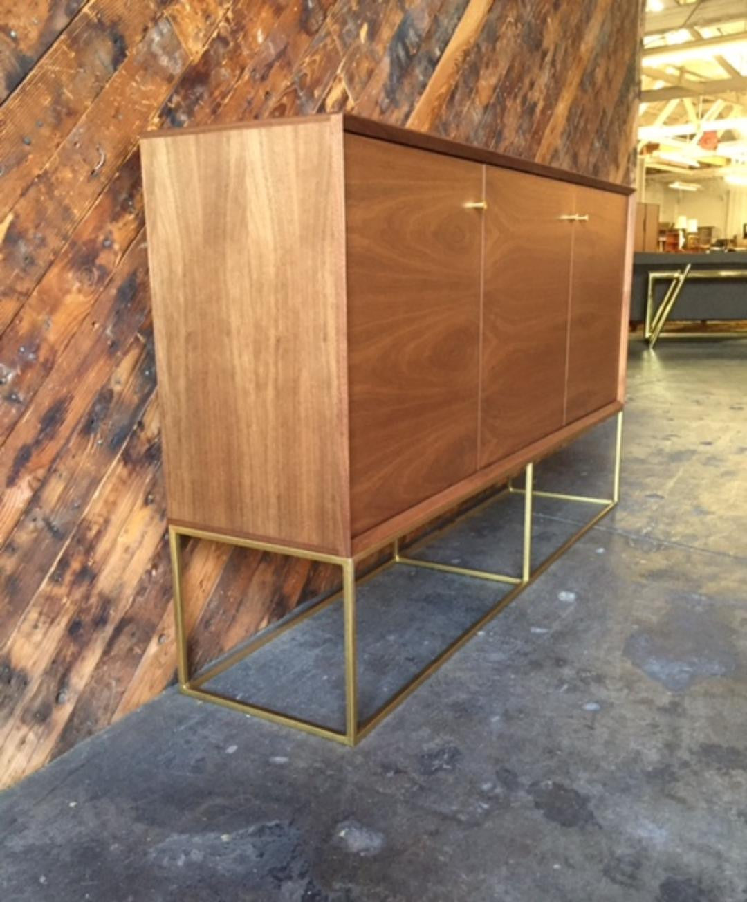 Custom Handmade Walnut Brass Base Credenza, Mid Century Style with 3 swing out doors