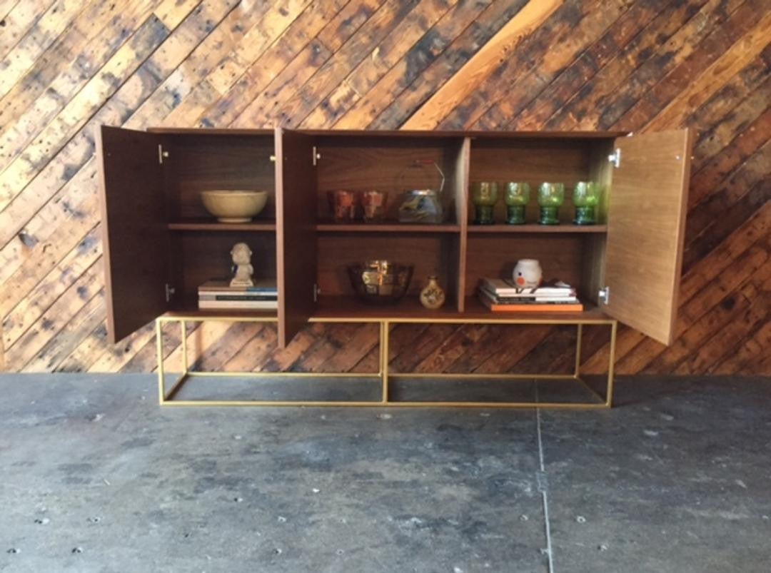 Custom Handmade Walnut Brass Base Credenza, Mid Century Style with 3 swing out doors