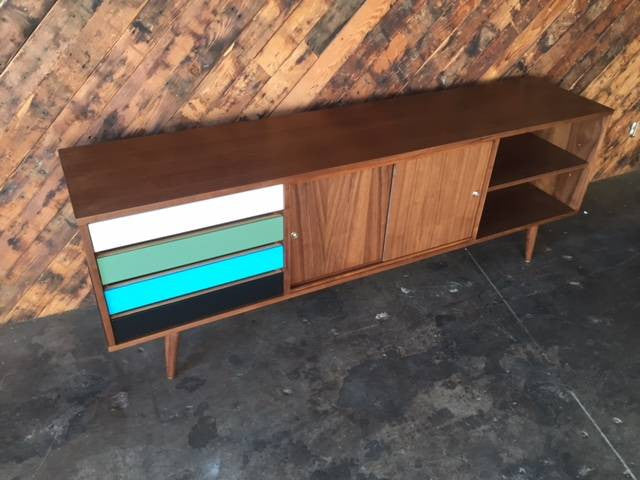 Mid Century Style Custom Walnut Credenza with 4 drawers and sliding doors