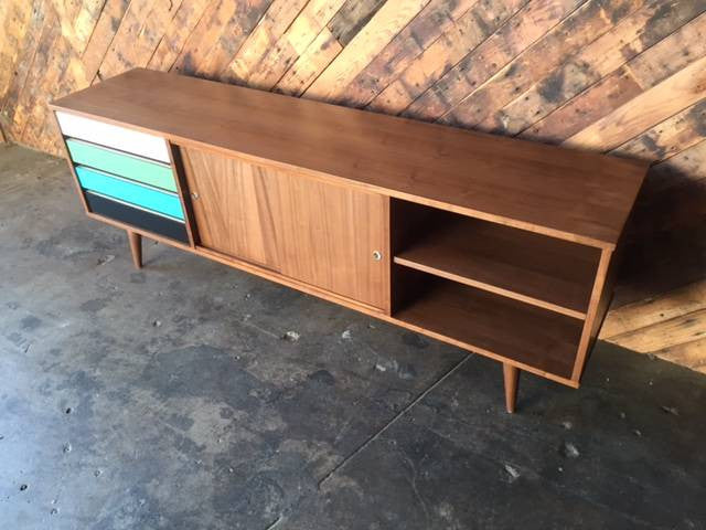 Mid Century Style Custom Walnut Credenza with 4 drawers and sliding doors